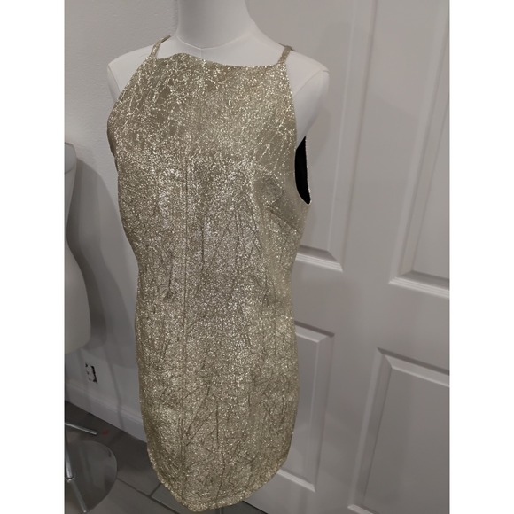 ZARA Metallic Gold Halter Neck Mini Dress Sparkle Party Occasion Size L - Picture 2 of 7